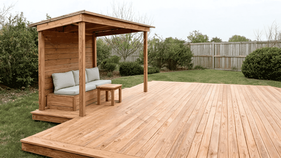 covered deck ideas on a budget with a bench in soft shade inside a covered deck alcove