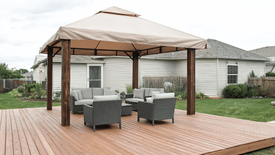 covered deck ideas on a budget with sofa and chairs softly shaded under a fabric gazebo canopy