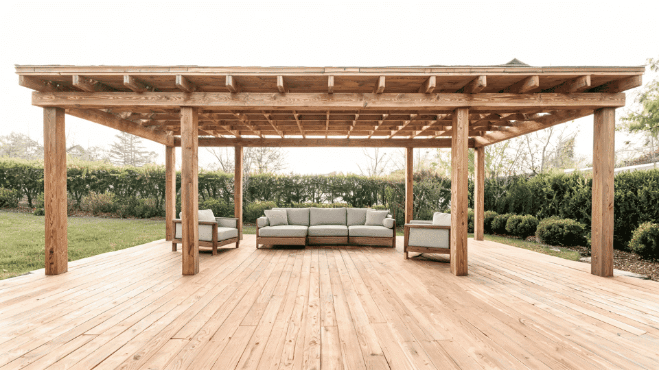 covered deck ideas on a budget with a post and beam cover softly shading sofa chairs and deck boards