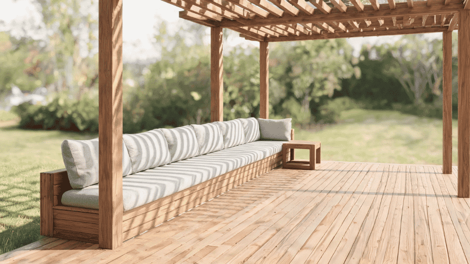 covered deck ideas on a budget with a built-in bench softly shaded under a pergola