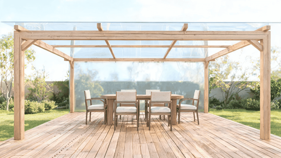 covered deck ideas on a budget with dining chairs in soft shade under polycarbonate roof panels