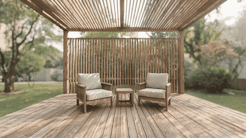 covered deck ideas on a budget with chairs softly shaded by privacy screens and overhead slats