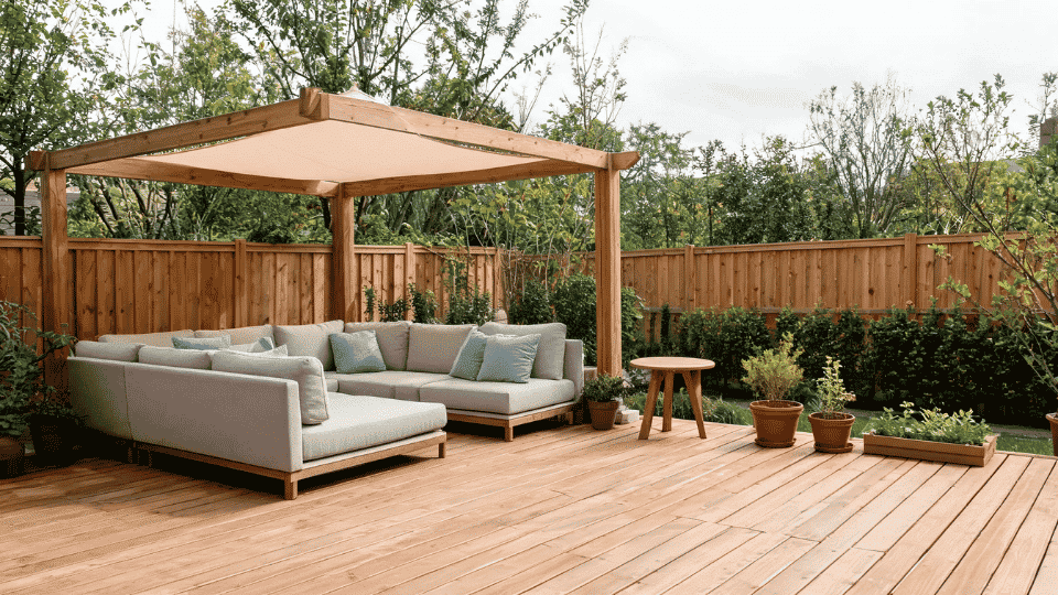 covered deck ideas on a budget with shaded seating and open deck space in a practical backyard