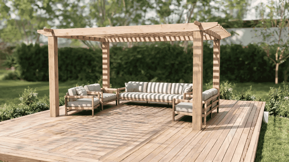 covered deck ideas on a budget with shaded seating and deck boards under a simple slatted wood pergola