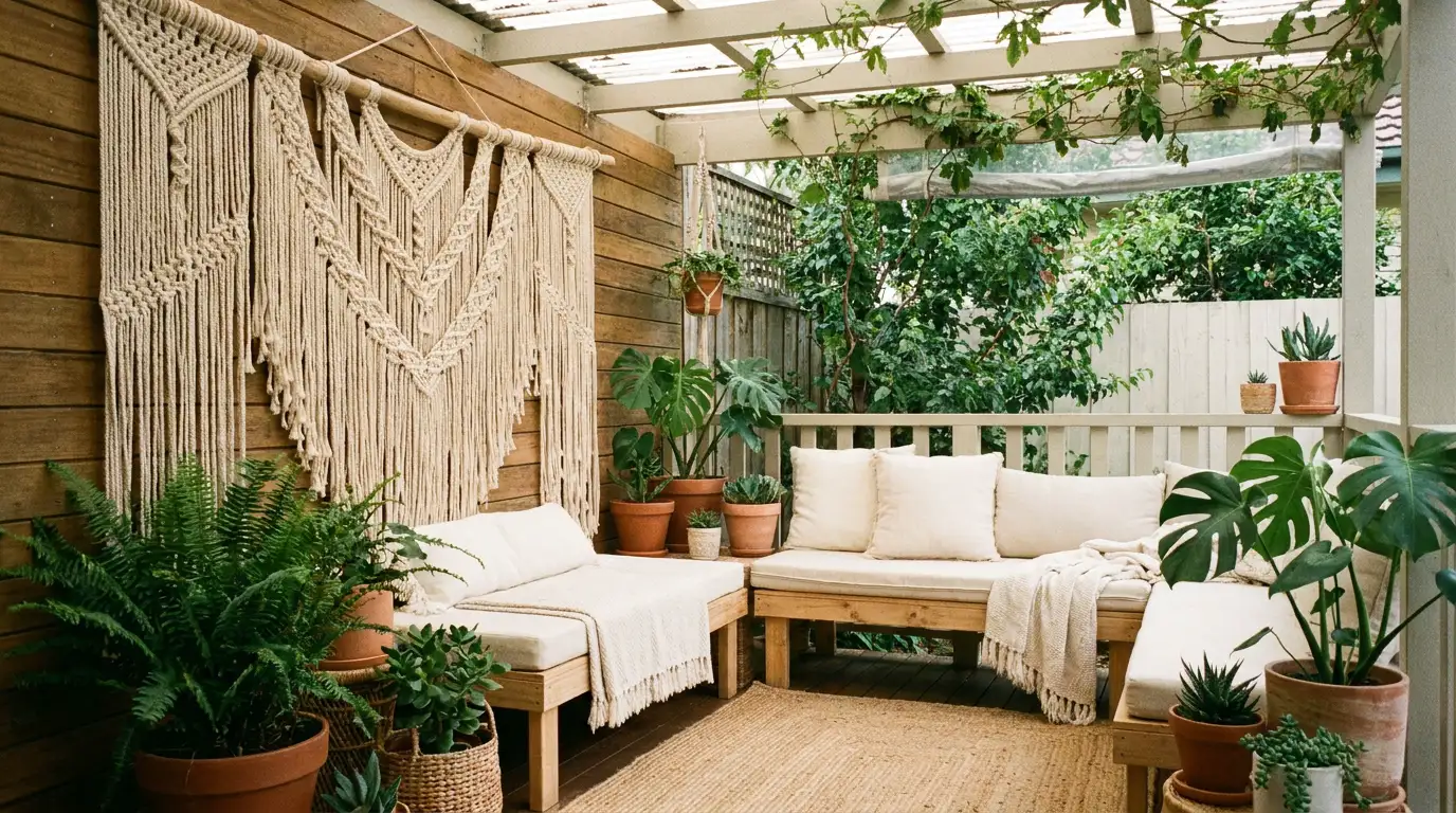 covered small deck with macrame wall hanging plants neutral rug and simple seating