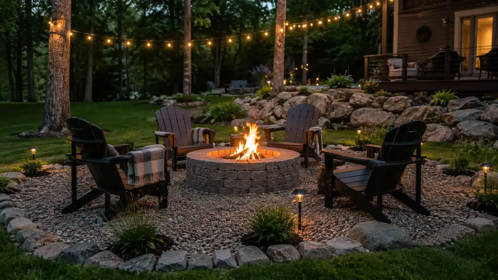 cozy backyard showing low cost fire pit landscape design with gravel, stone border, chairs, warm lighting, and plants
