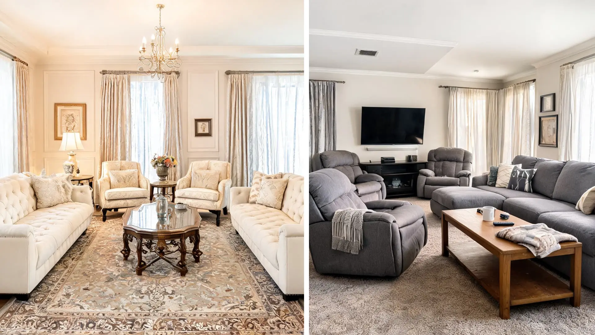 cozy family room with sectional sofa armchairs wooden coffee table tv and sunlight through large windows