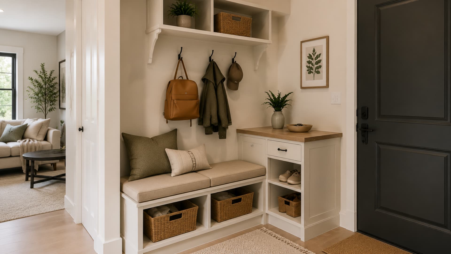 cozy modern entryway mudroom with built in bench hooks baskets and shoe storage in warm neutral tones