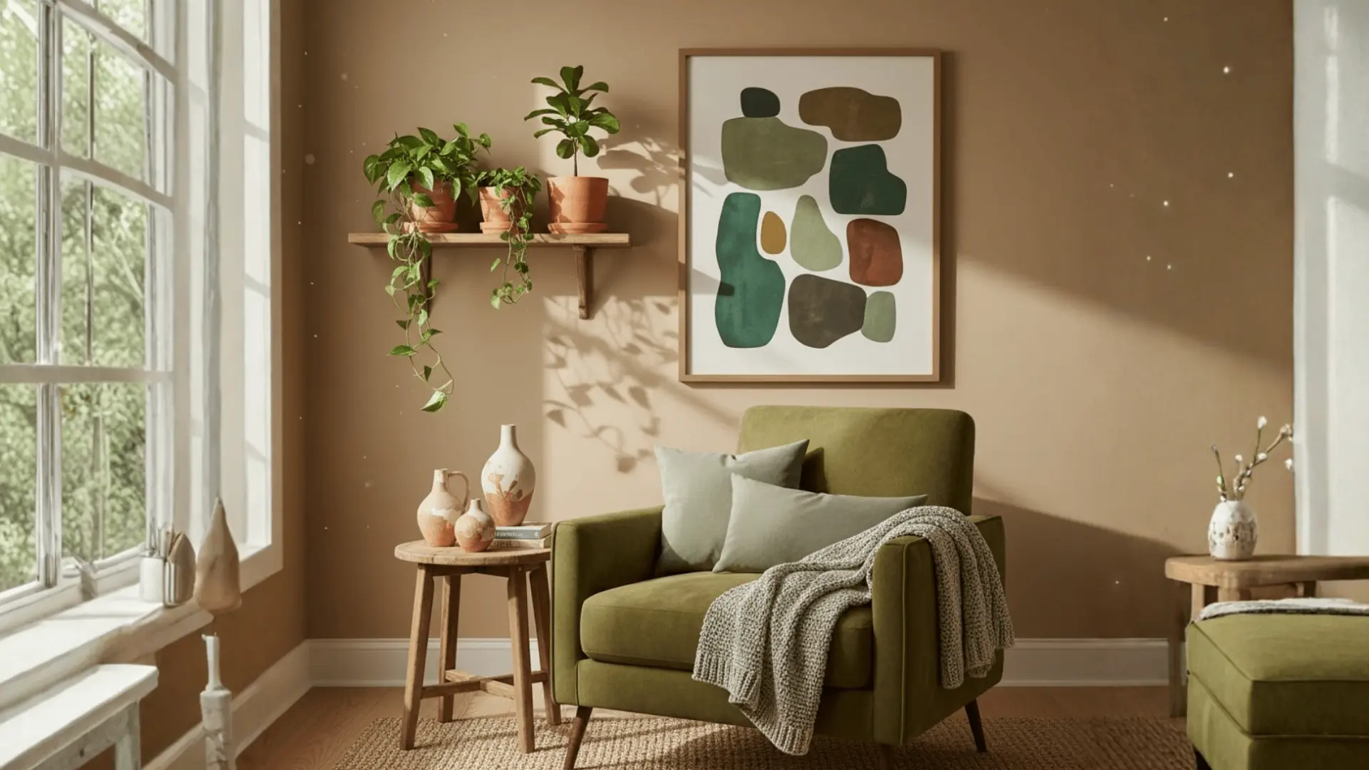 Cozy reading nook with olive green armchair, terracotta potted plants, and earthy abstract wall art
