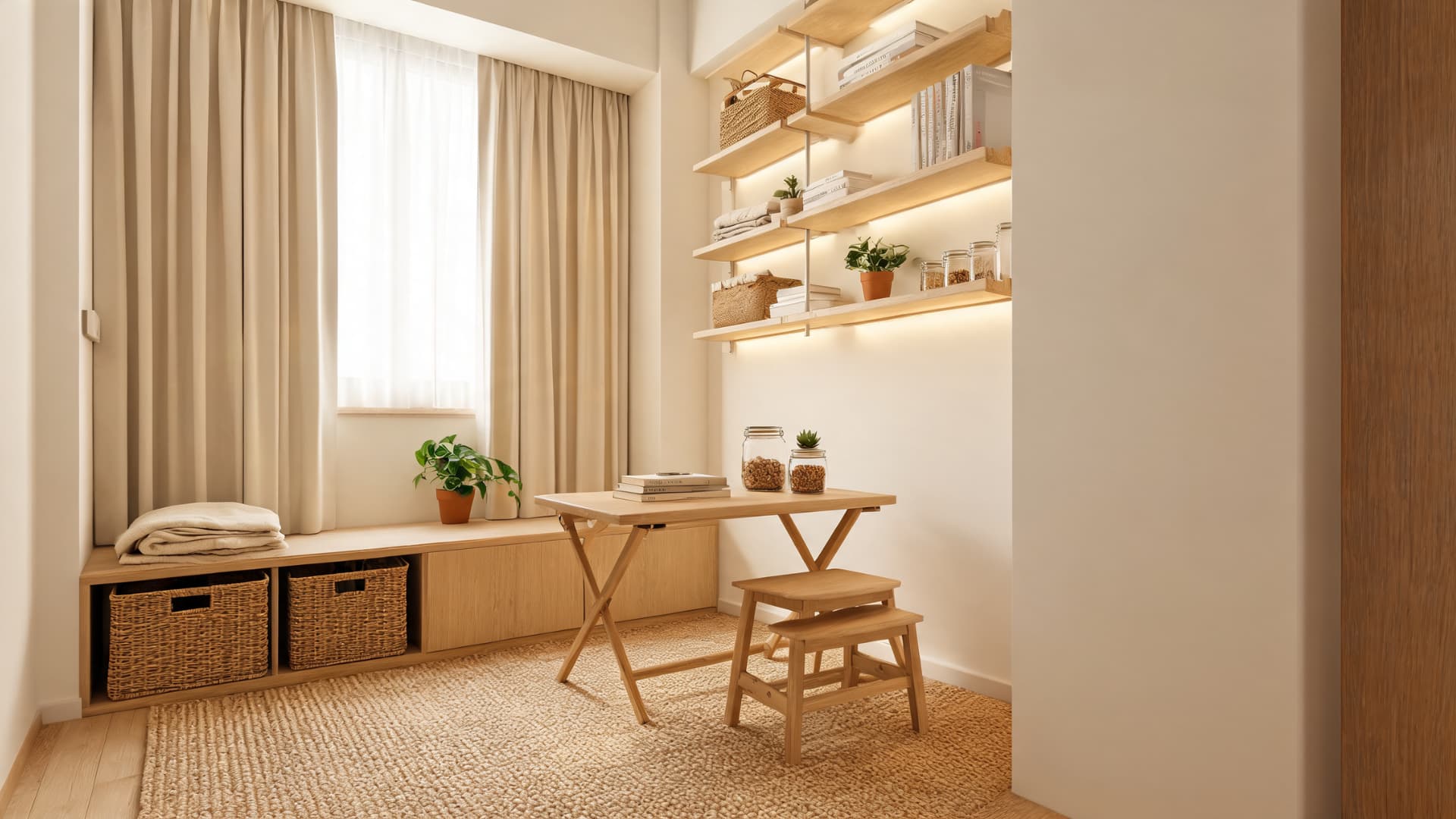 Cozy study nook with wood shelves, bench storage, wicker baskets, small desk, plants, and beige curtains