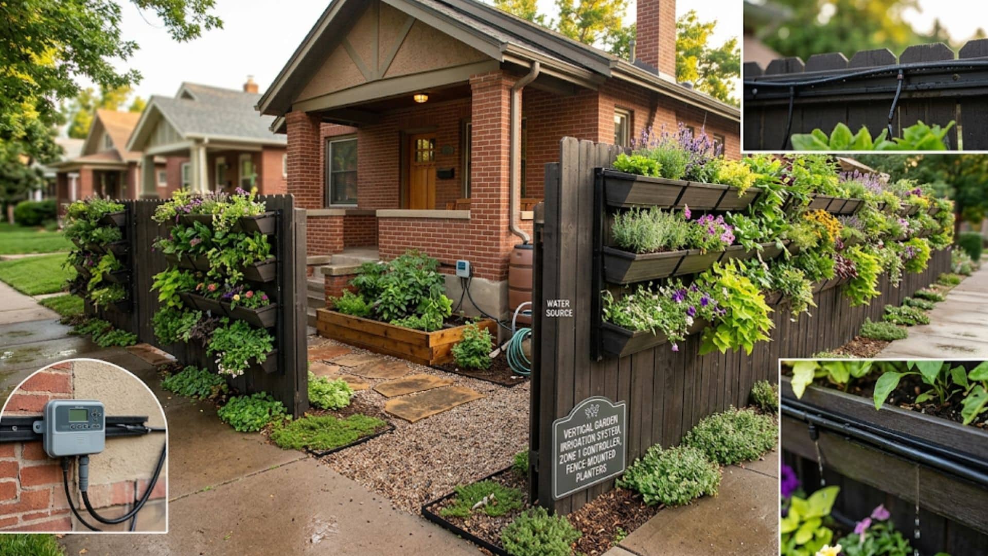 craftsman bungalow features vertical garden planters on a wooden fence, with an irrigation system and rain barrel