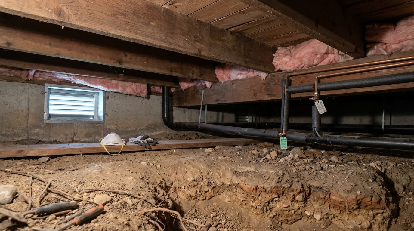 crawl space under house showing wooden beams ventilation insulation and piping in realistic lighting