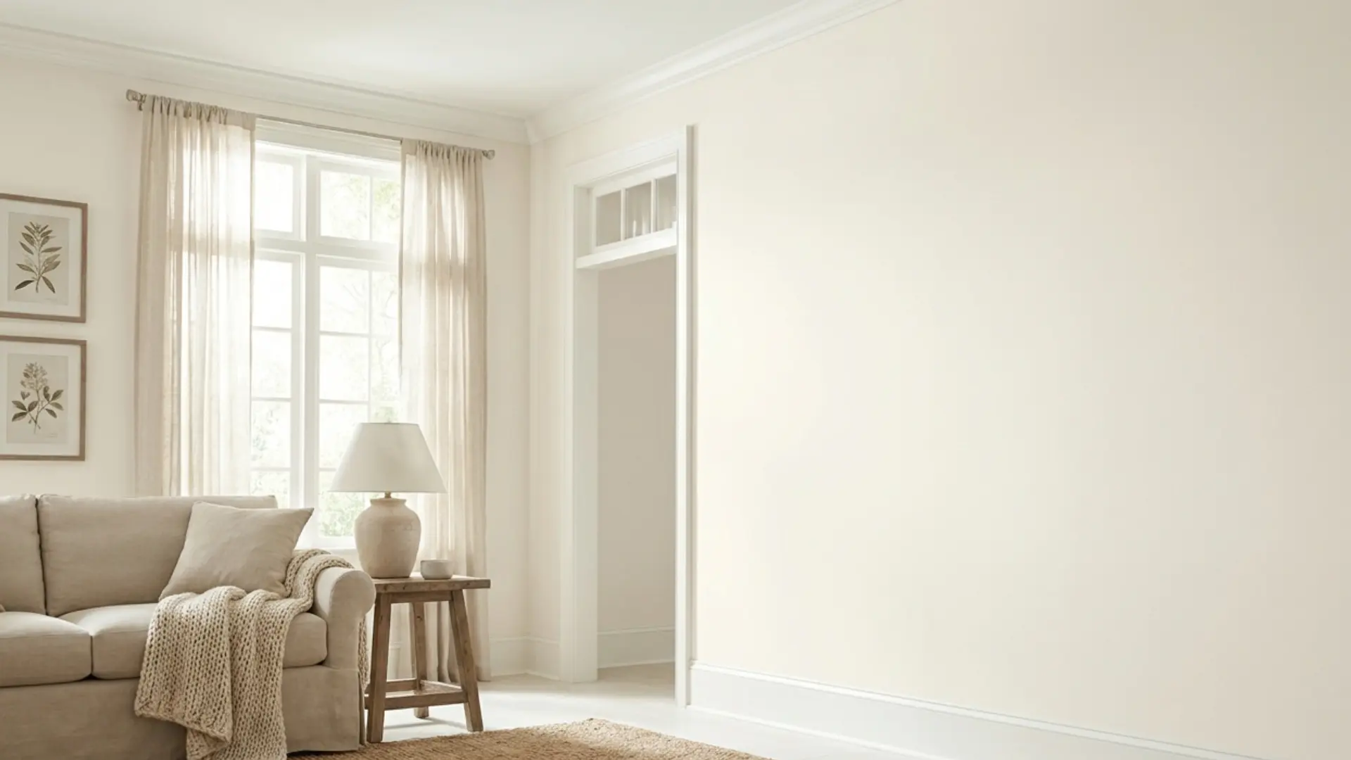 Create a realistic, bright interior room featuring Cloud White Benjamin Moore on the walls and trim. Show a soft warm white color with subtle cream, beige, and taupe undertones. Include natural wo