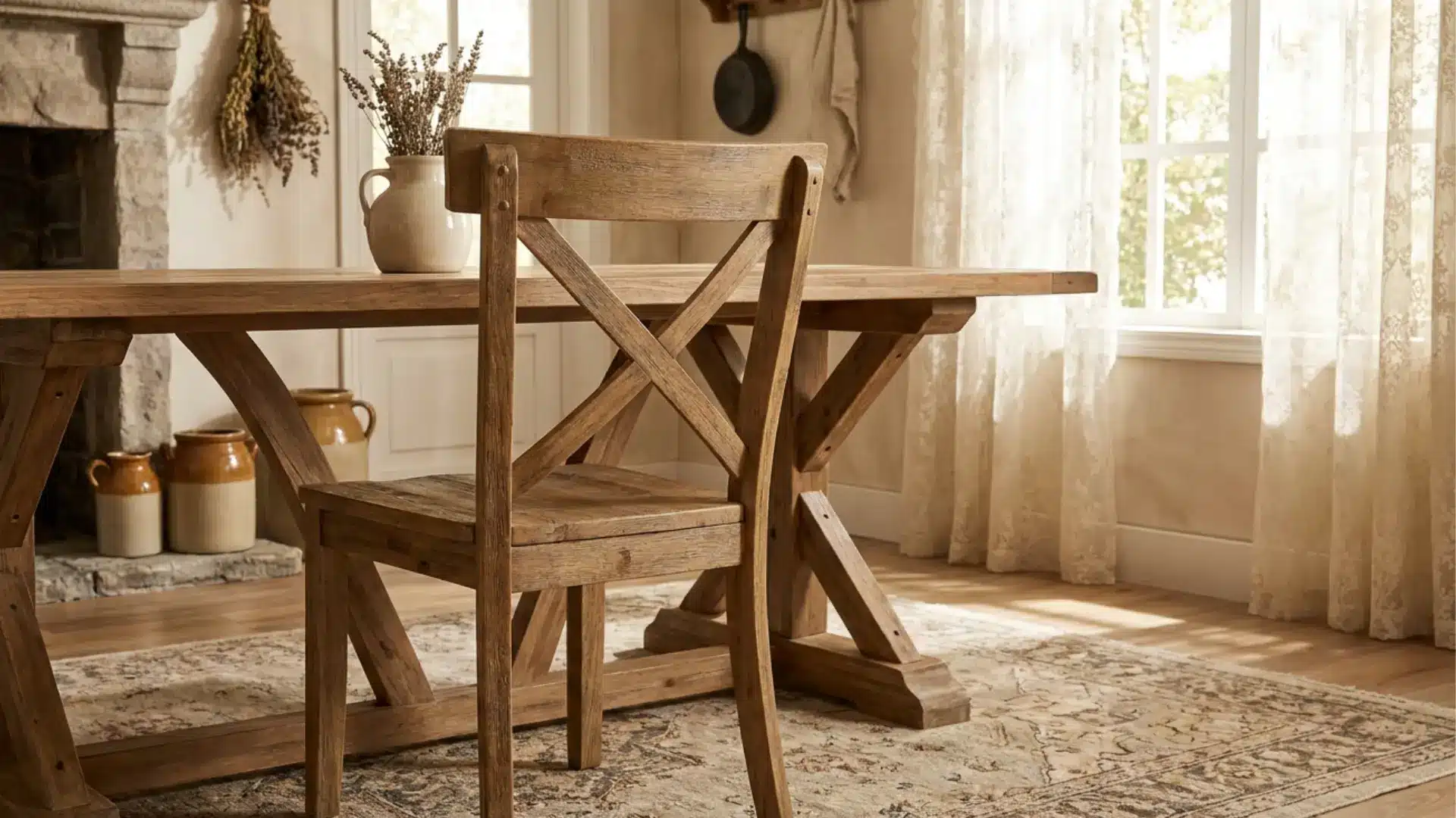 rustic cross back wooden dining chair in farmhouse dining room with warm cozy french country style