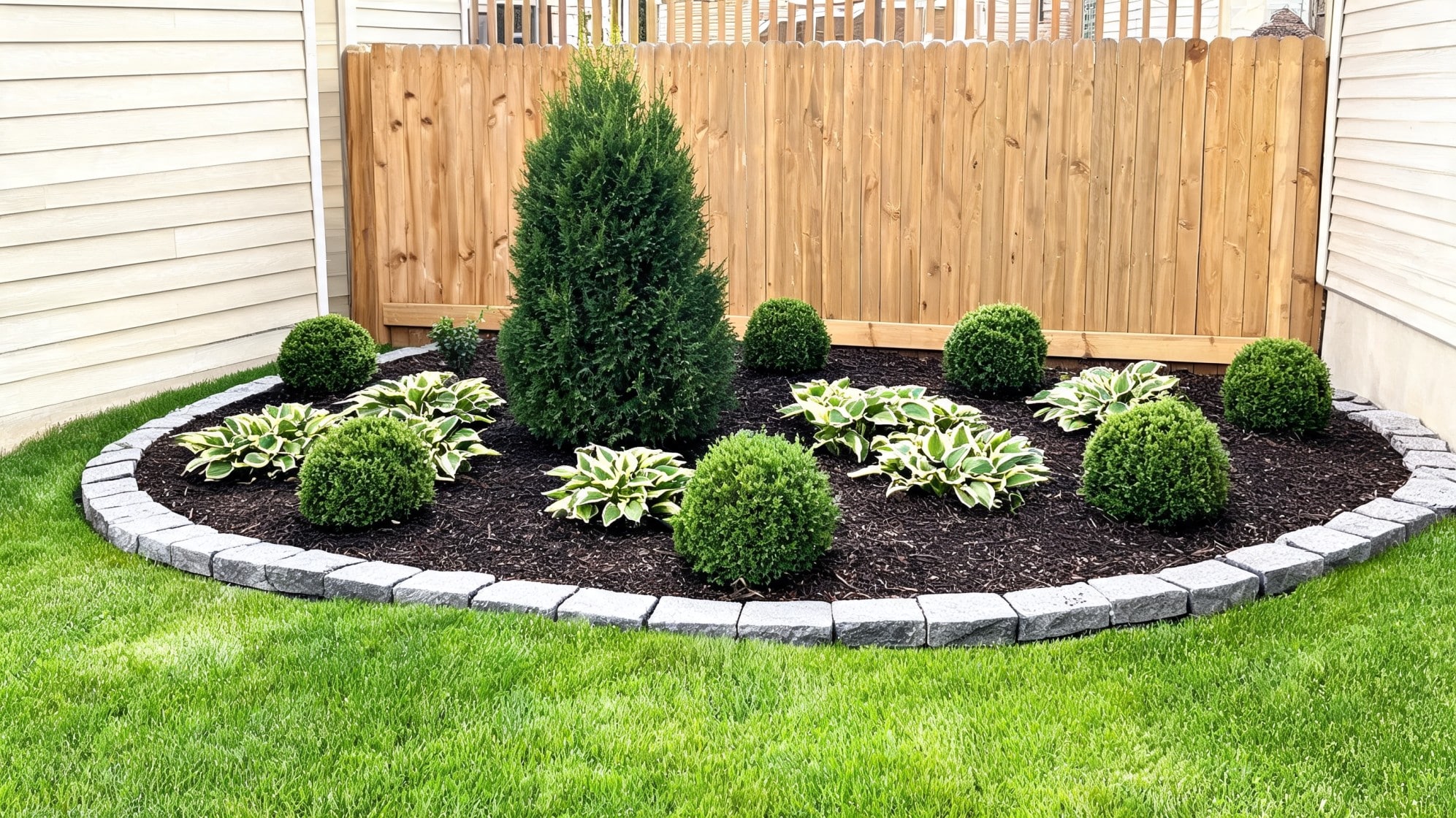 ront lawn ideas with curved stone edging dark mulch evergreen shrubs hostas and neat green grass border