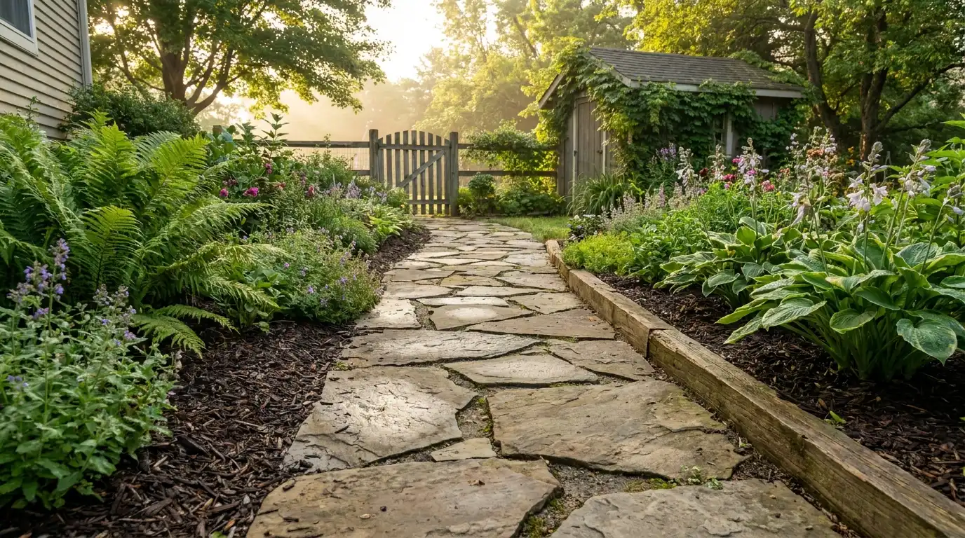 curved stone garden path leading through plants showing a clear and natural route across the yard with ease