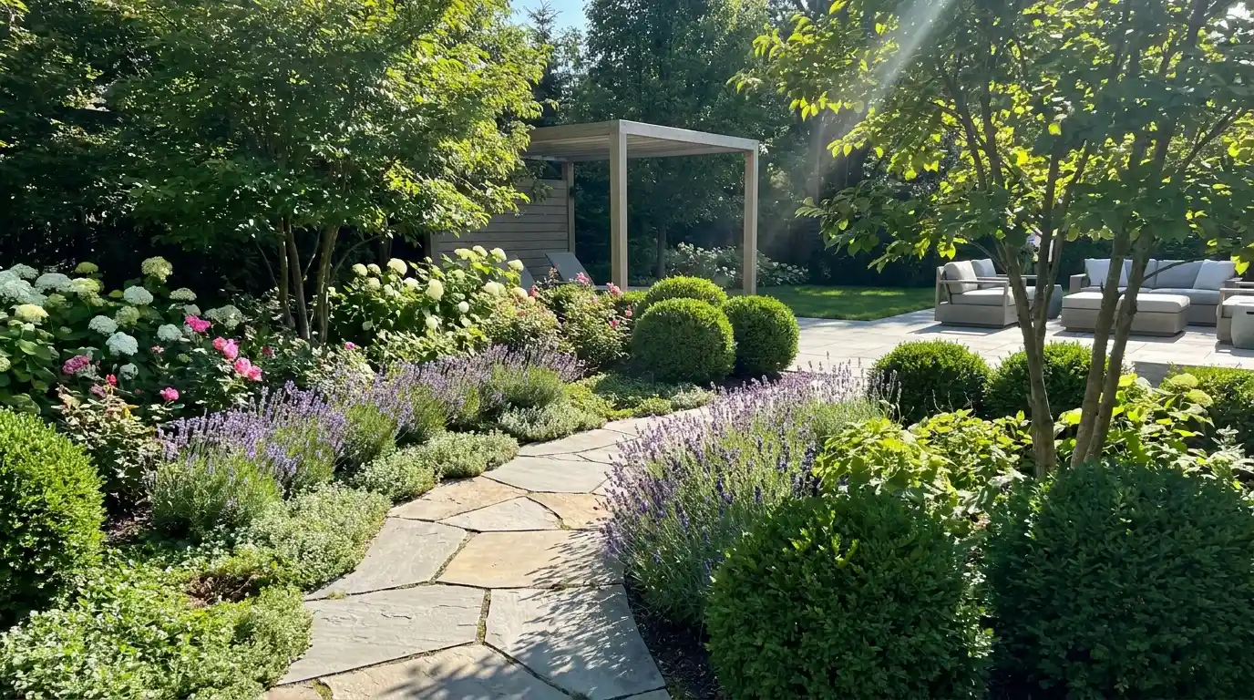 curved walkway garden with stone path leading through layered planting