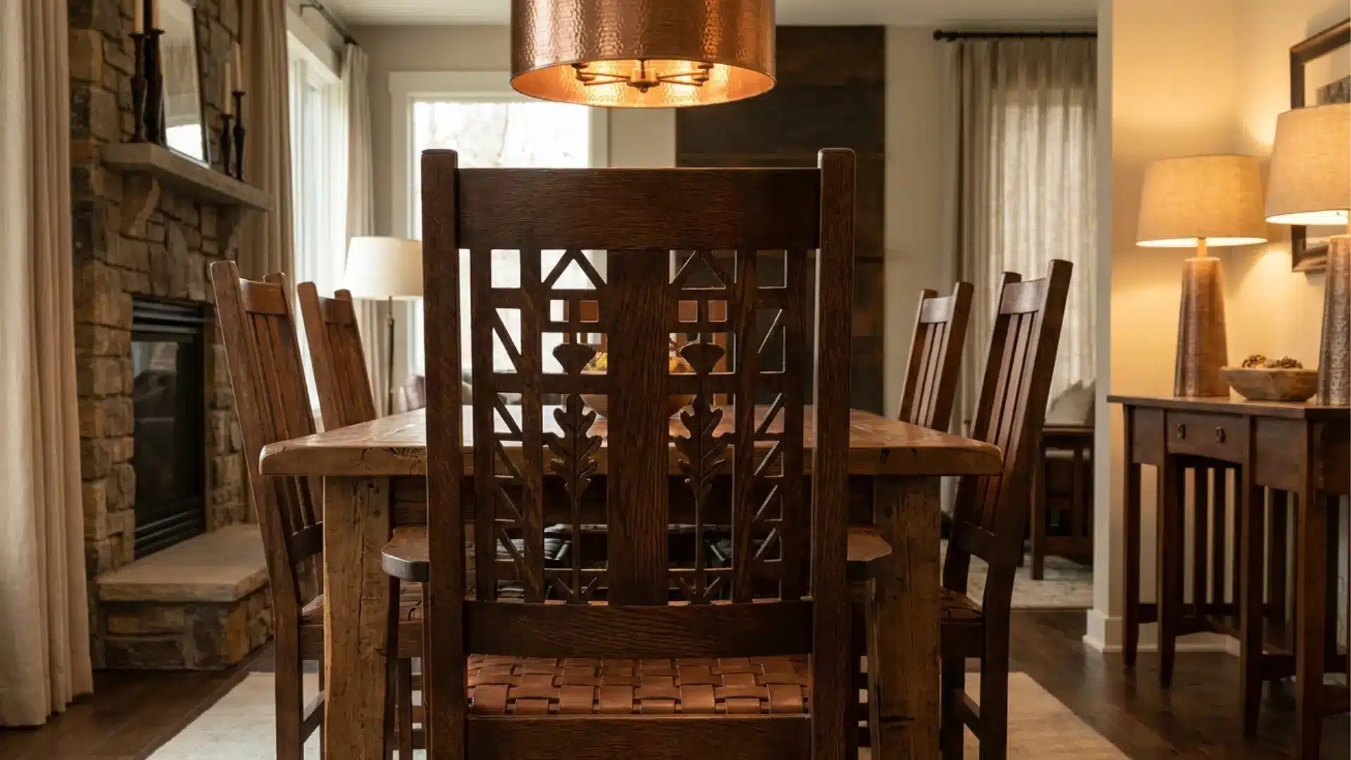 cut out back craftsman dining chair in transitional dining room with geometric carved wooden design style
