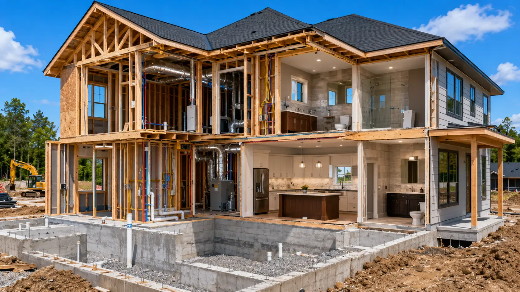 Cutaway diagram of a 4 bedroom house under construction showing cost areas