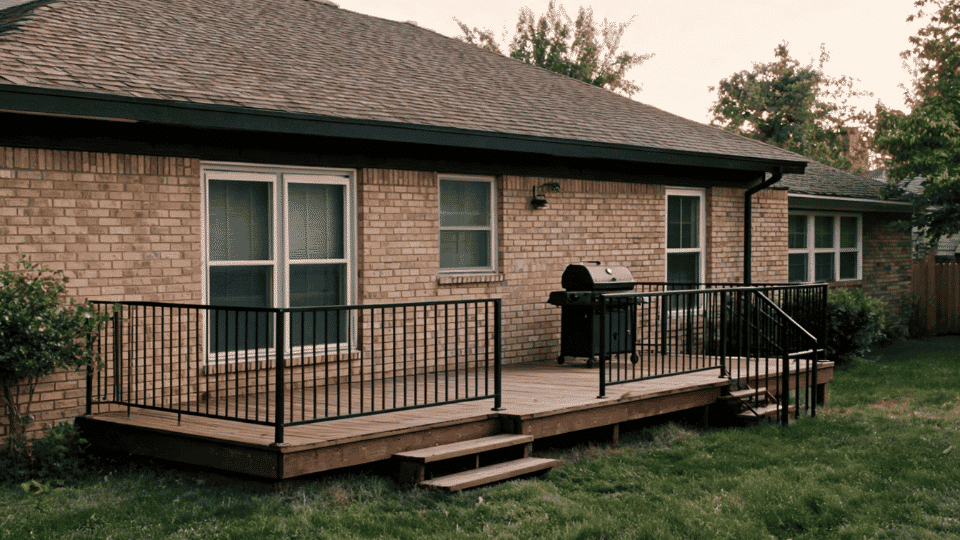 deck color ideas with brown boards and black railings on a tan brick ranch house deck