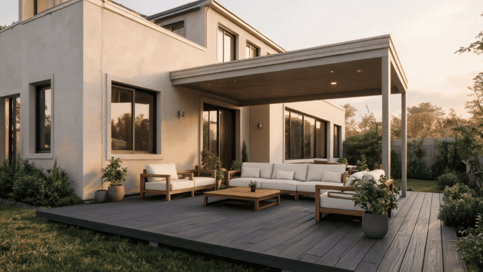 deck color ideas with charcoal decking and warm wood furniture on a modern stucco house