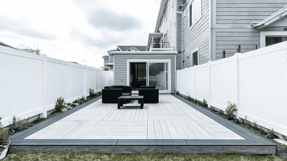 deck color ideas with gray boards and charcoal border on a modern townhome backyard deck