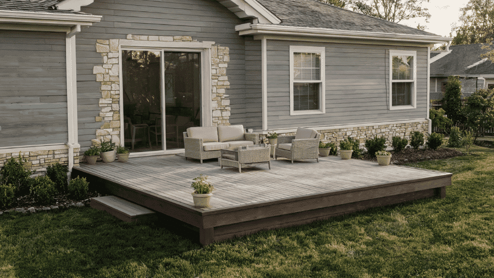 deck color ideas with greige boards and dark brown fascia on a warm gray house exterior