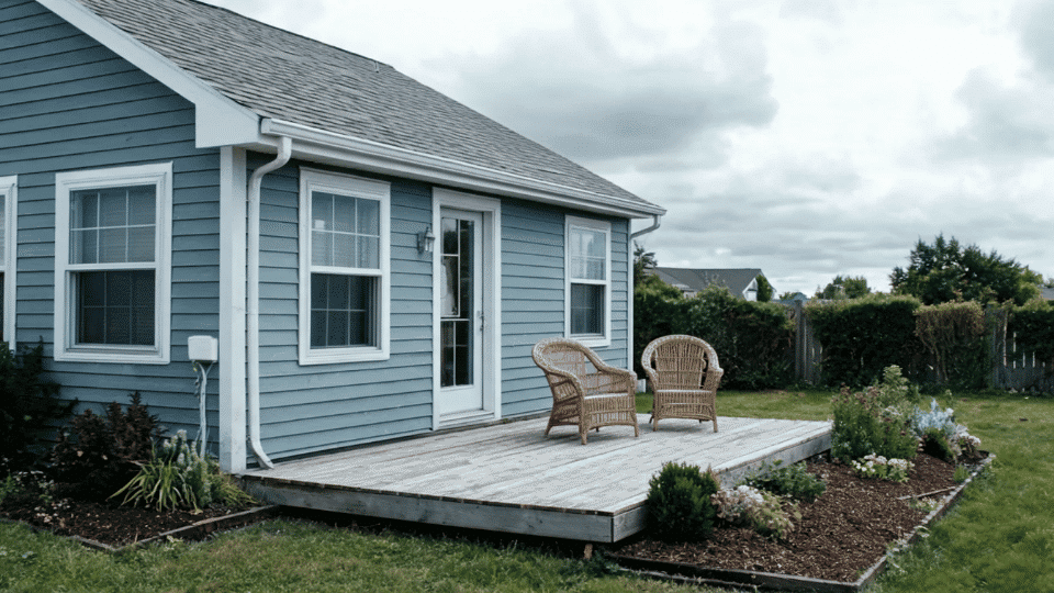 deck color ideas with light gray boards and white trim on a small blue gray cottage deck