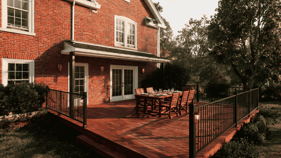 deck color ideas with mahogany boards and black details on a brick traditional home exterior view
