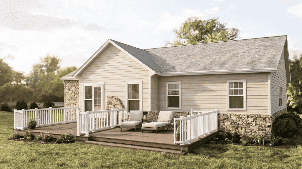 deck color ideas with taupe boards and white railings beside stone details on a beige home