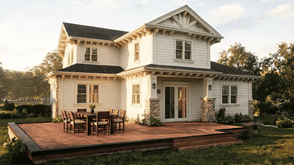 deck color ideas with walnut boards and dark border on a cream craftsman home exterior at dusk