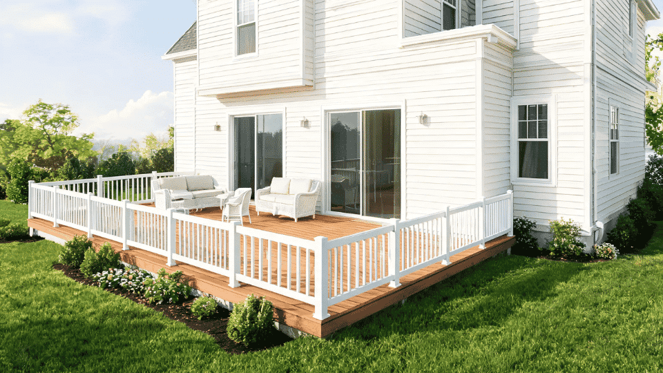 deck color ideas with warm cedar boards and white railings on a bright farmhouse backyard deck