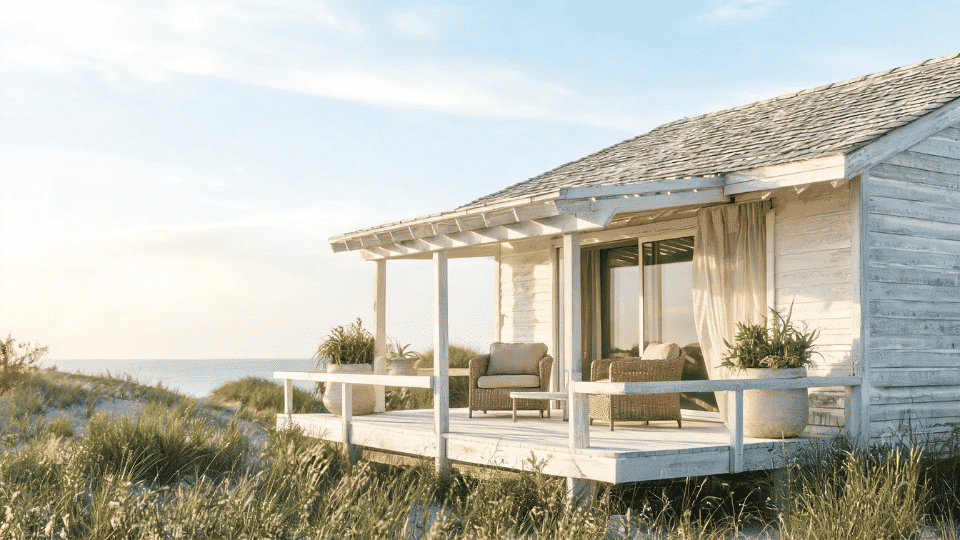 deck color ideas with whitewashed boards and neutral decor on a covered coastal home deck space