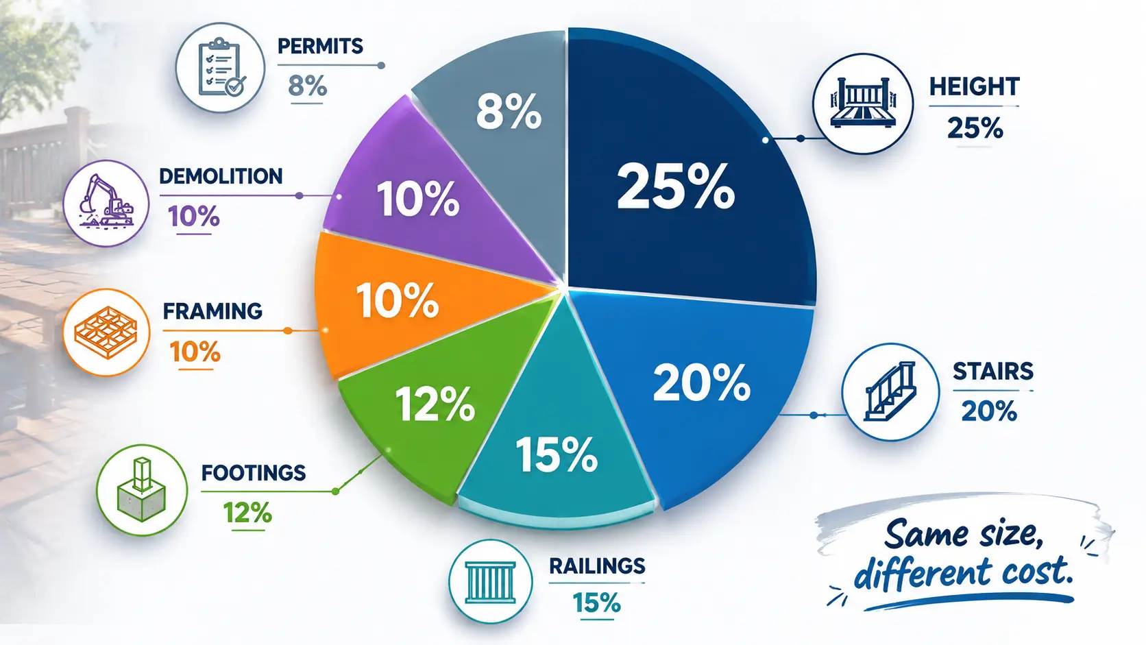 Deck cost factors pie chart infographic