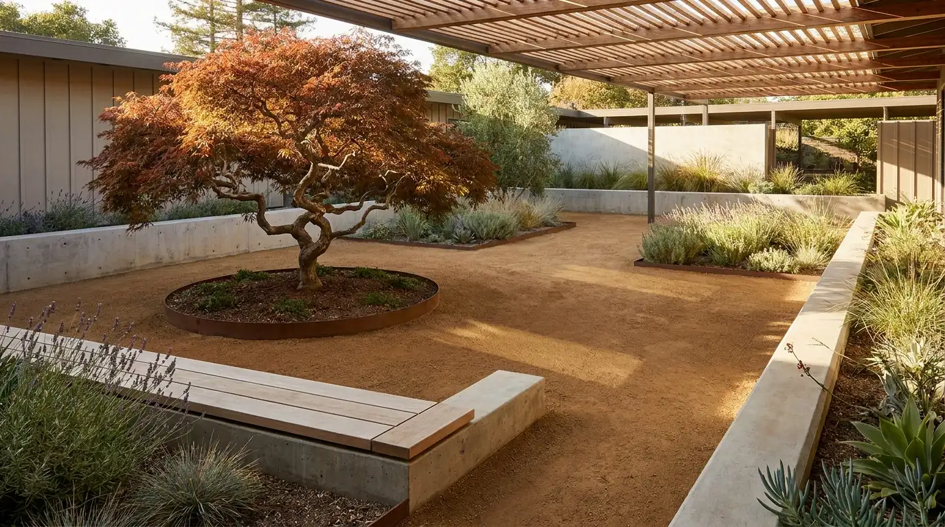 decomposed granite courtyard with one statement tree, simple seating, and calm modern garden edges outside