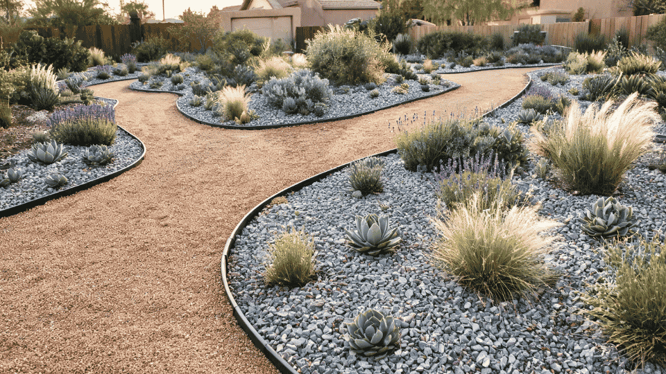 decomposed granite paths between planting pockets, edged beds and soft elevated garden view in yard