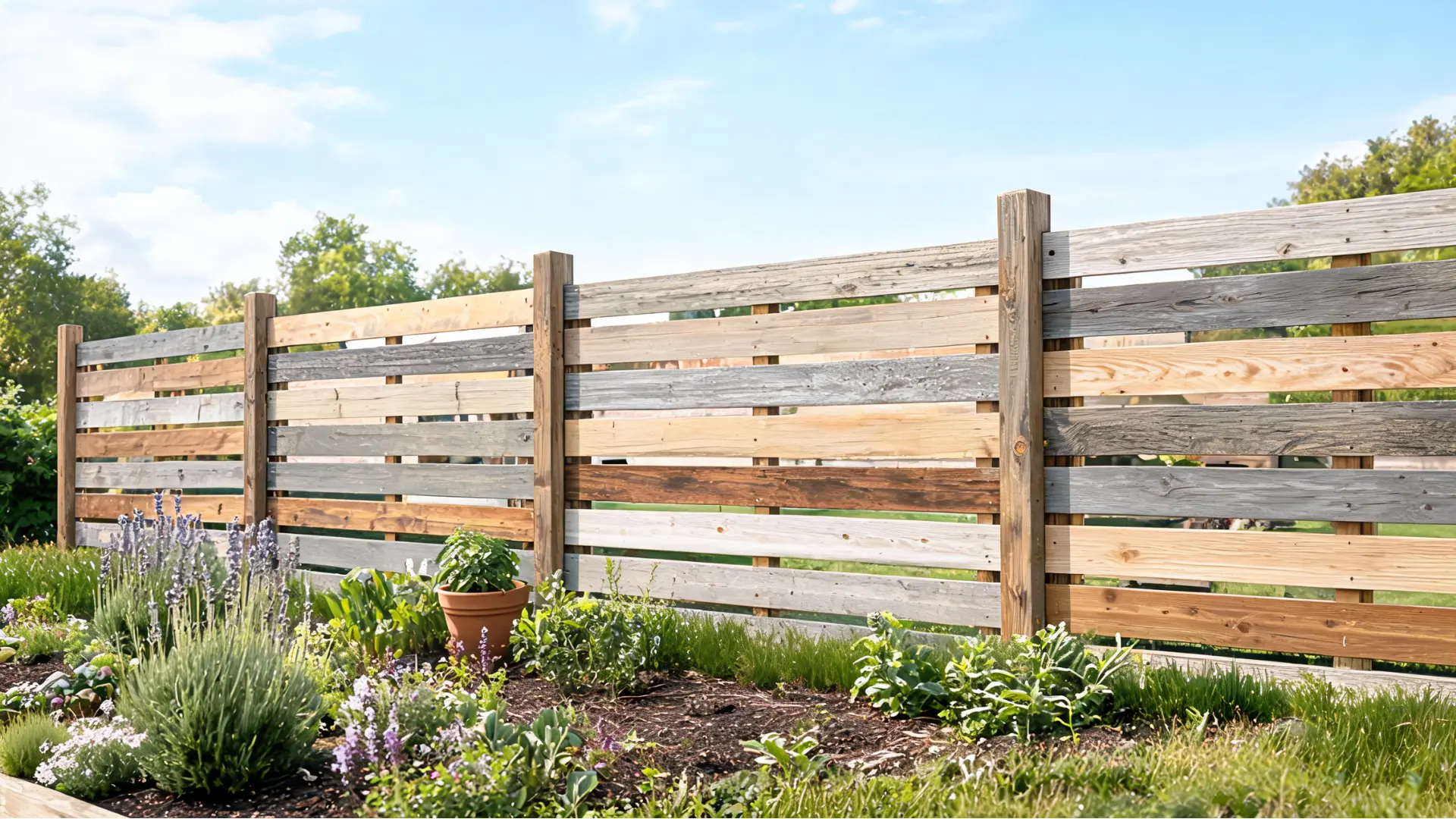 deconstructed pallet wood fence with reused slats, rustic garden style, and a polished budget-friendly look