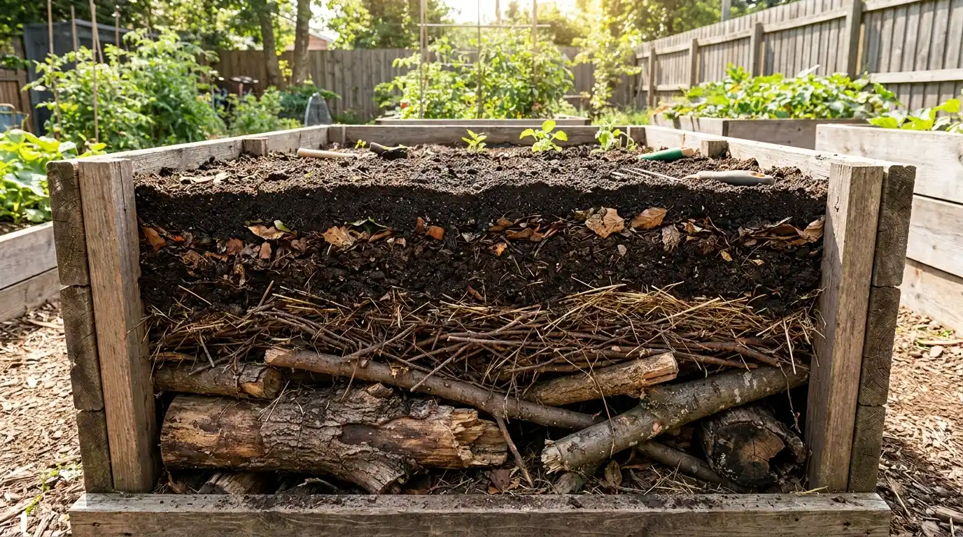 deep raised garden bed with logs twigs compost and soil layered in a hugelkultur style base