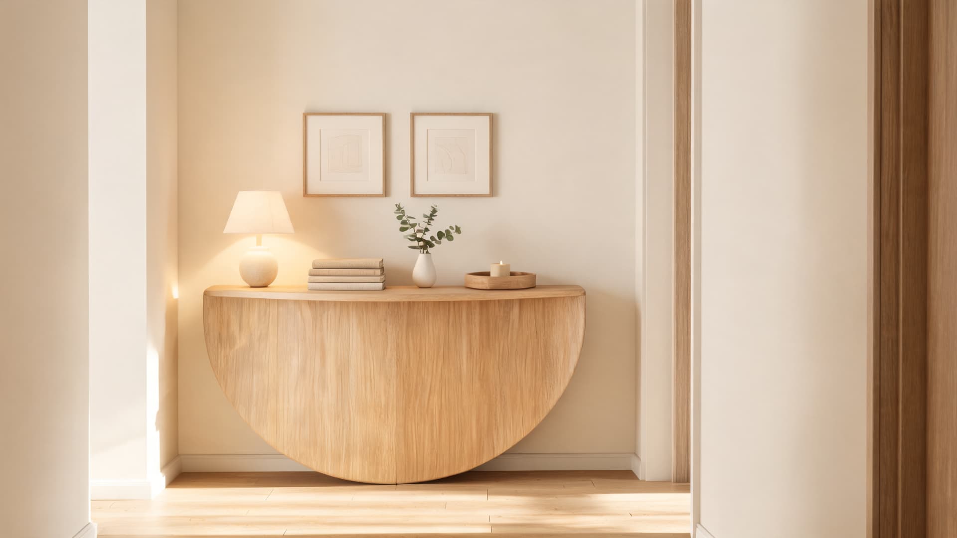 minimal demi lune console table styling with soft lighting neutral decor and compact hallway design