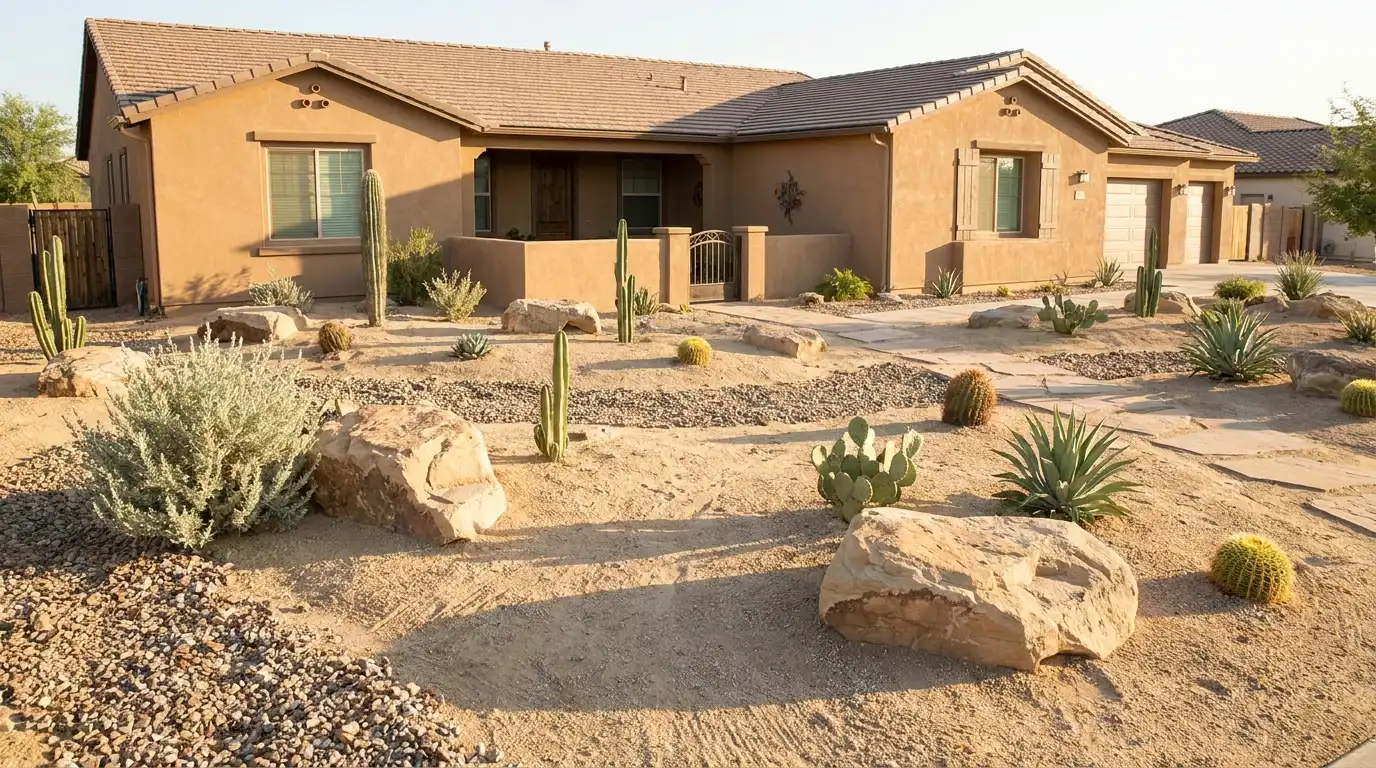 desert-style front yard with sand, cactus plants, decorative stones, and drought-tolerant landscaping outside modern residential home