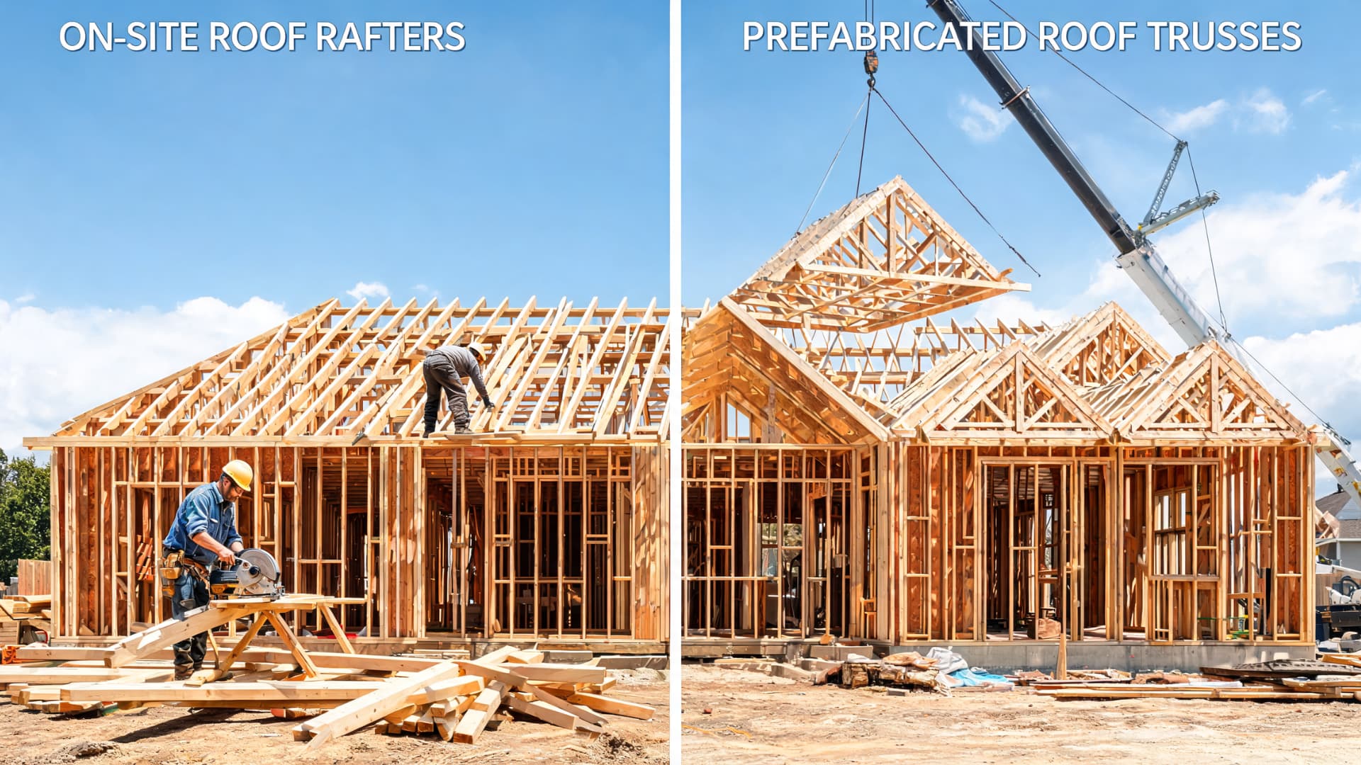 side by side comparison of on site roof rafters and prefabricated roof trusses on new home frames with workers and crane