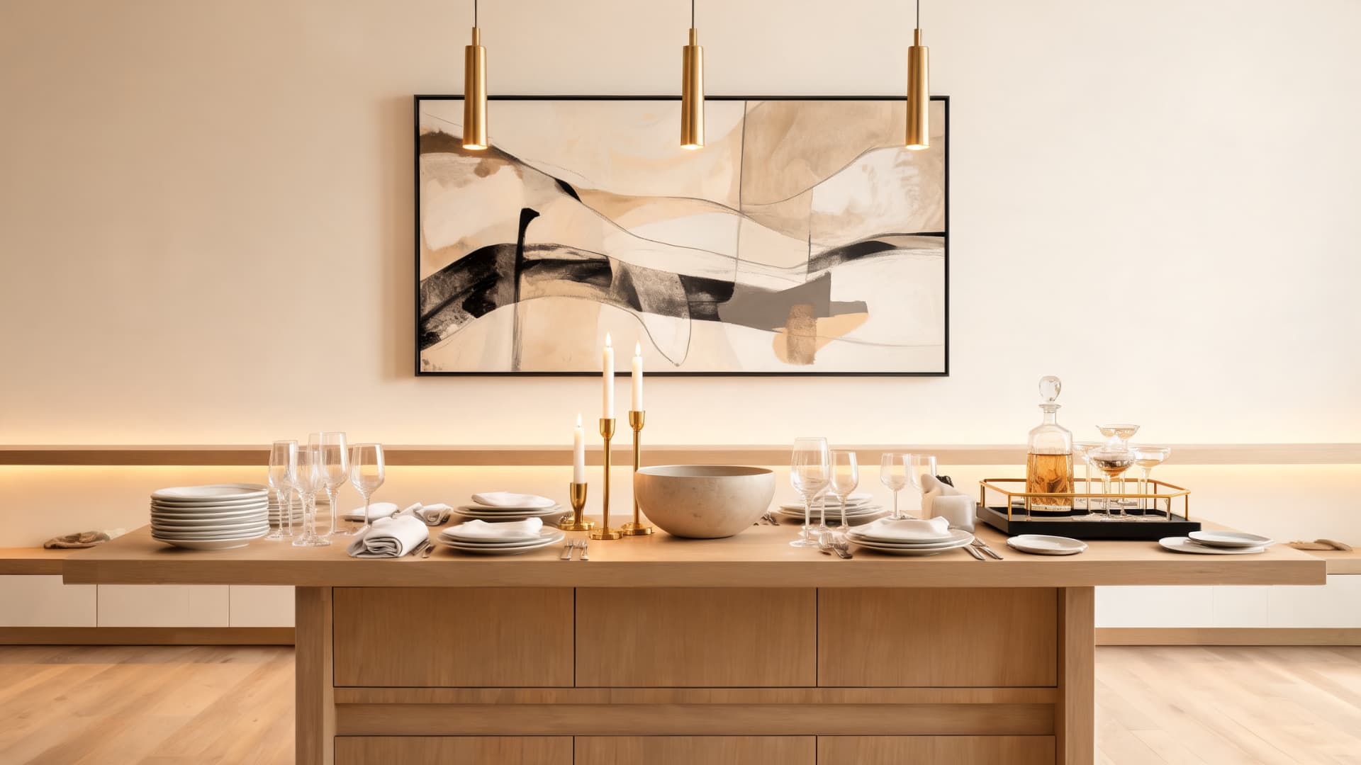 modern dining room console table styling with elegant tableware candles and abstract wall art