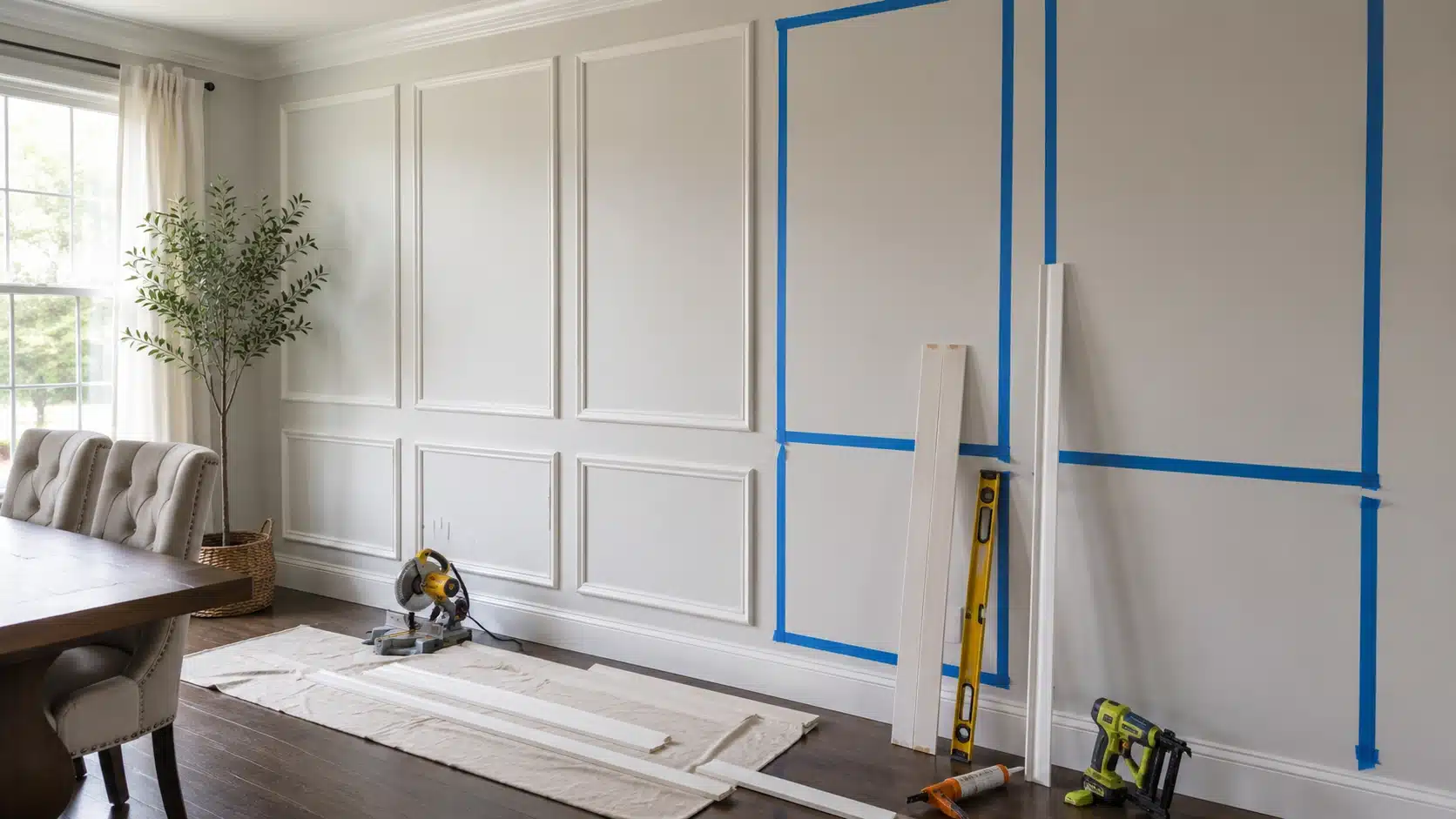 dining room wall molding layout for diy home projects, with painter’s tape, trim boards, saw, level, caulk, and nailer