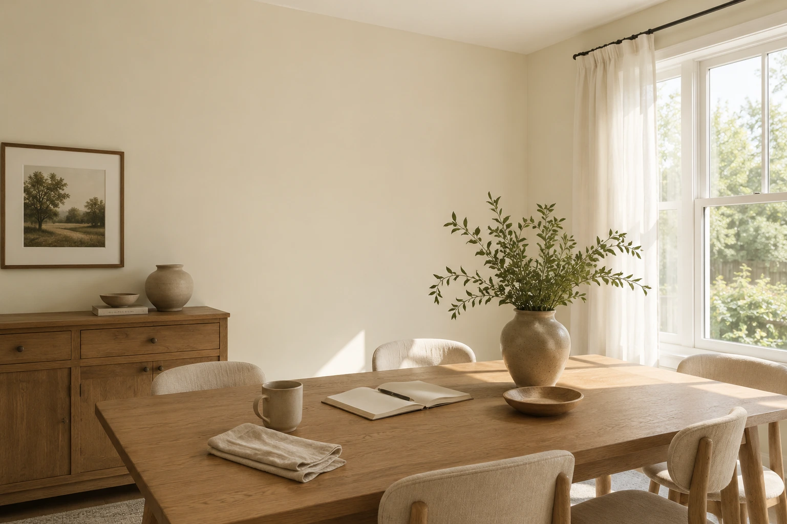 dining room with manchester tan hc-81 walls, soft natural light, wood table, and warm white trim