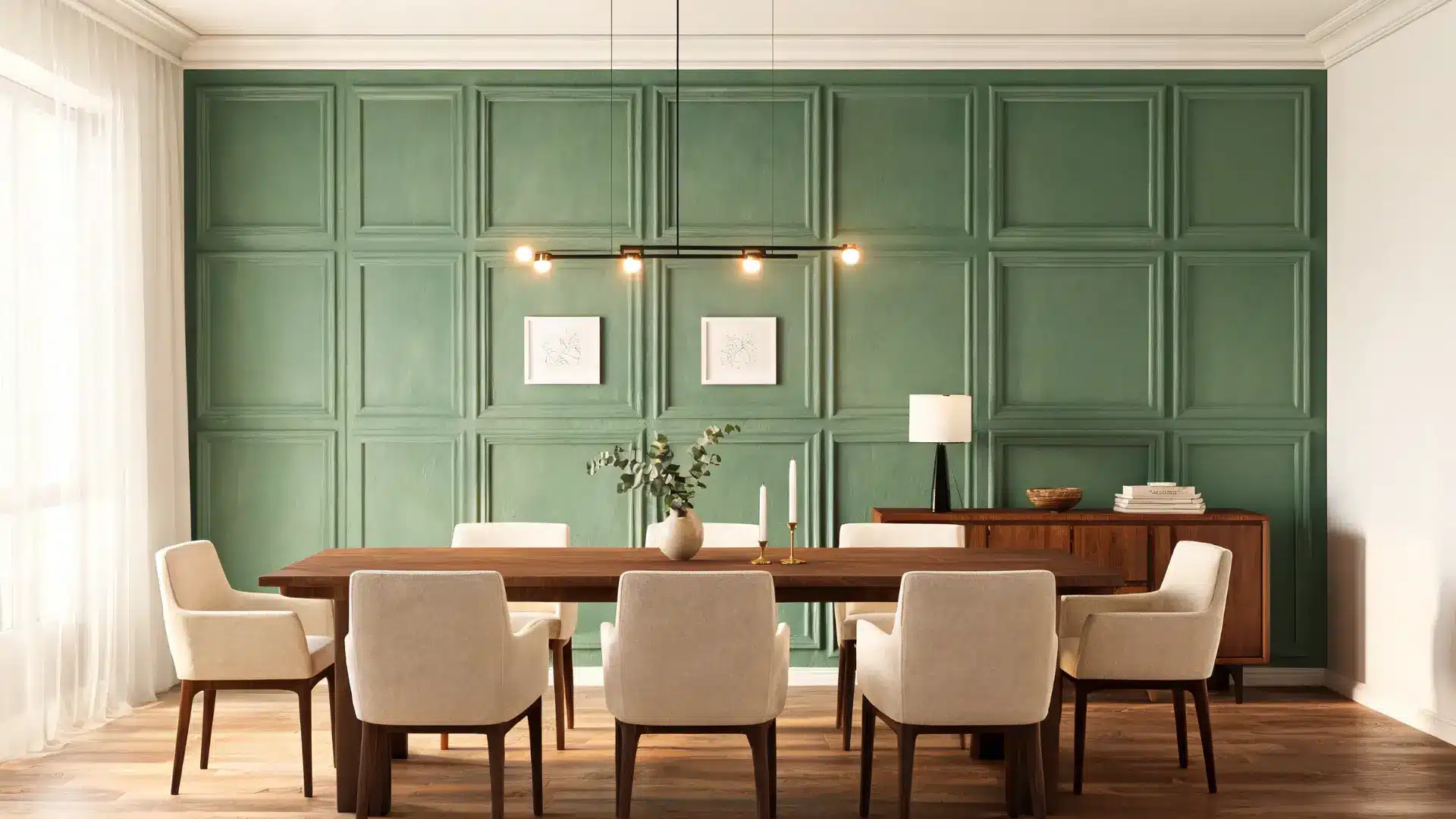 dining room with a bold accent wall behind the table, stylish lighting, and a warm, finished look
