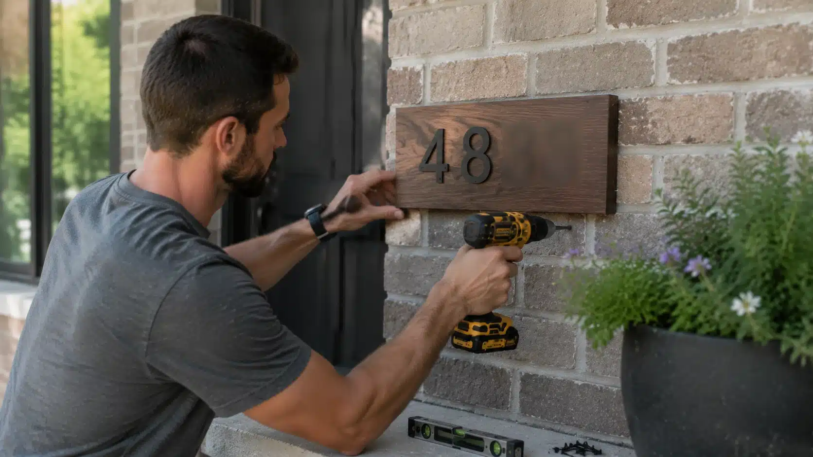 diy home projects showing man mounting wooden house number plaque with drill, screws, and plants on front entry wall