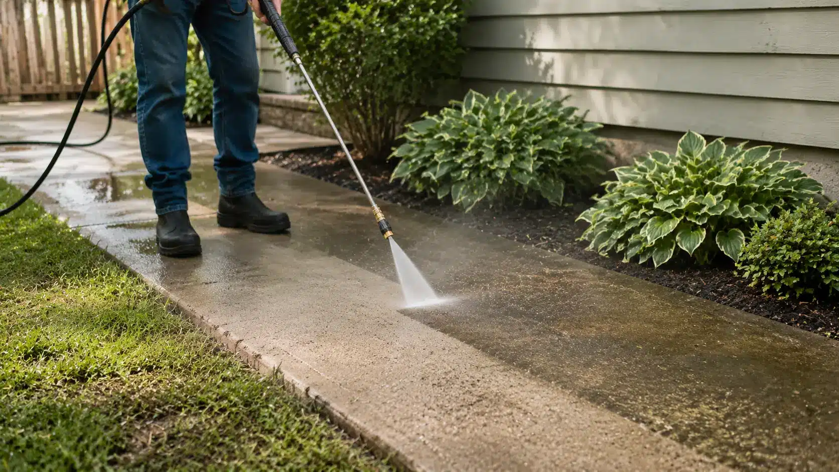 diy home projects showing man power-washing a concrete walkway, revealing clean strip, with hose, and spray wand