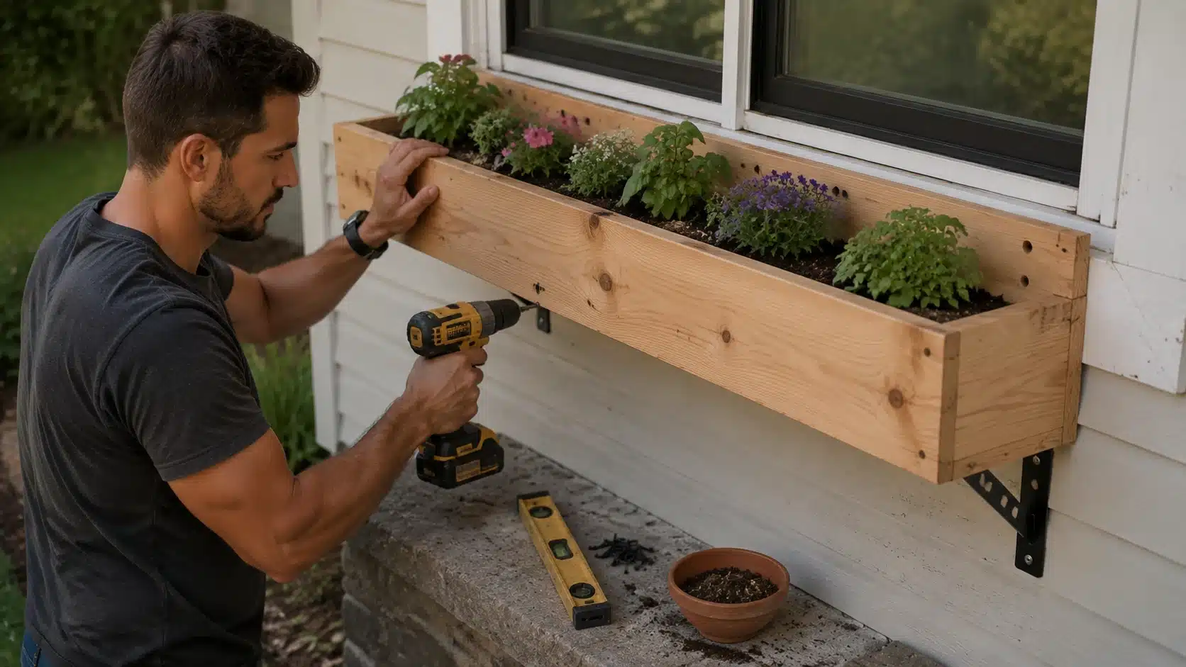 diy home projects showing person mounting a wooden window box with flowers under window using drill, level, and tools