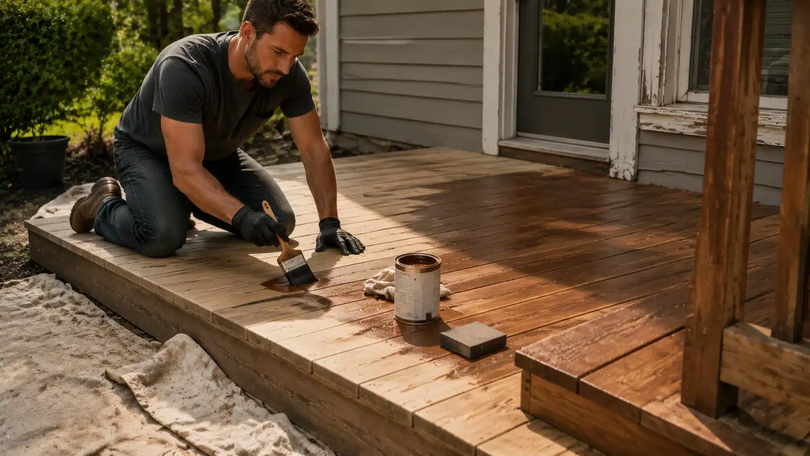 diy home projects showing person staining a small wooden deck, using brush, stain can, drop cloth, and sanding block