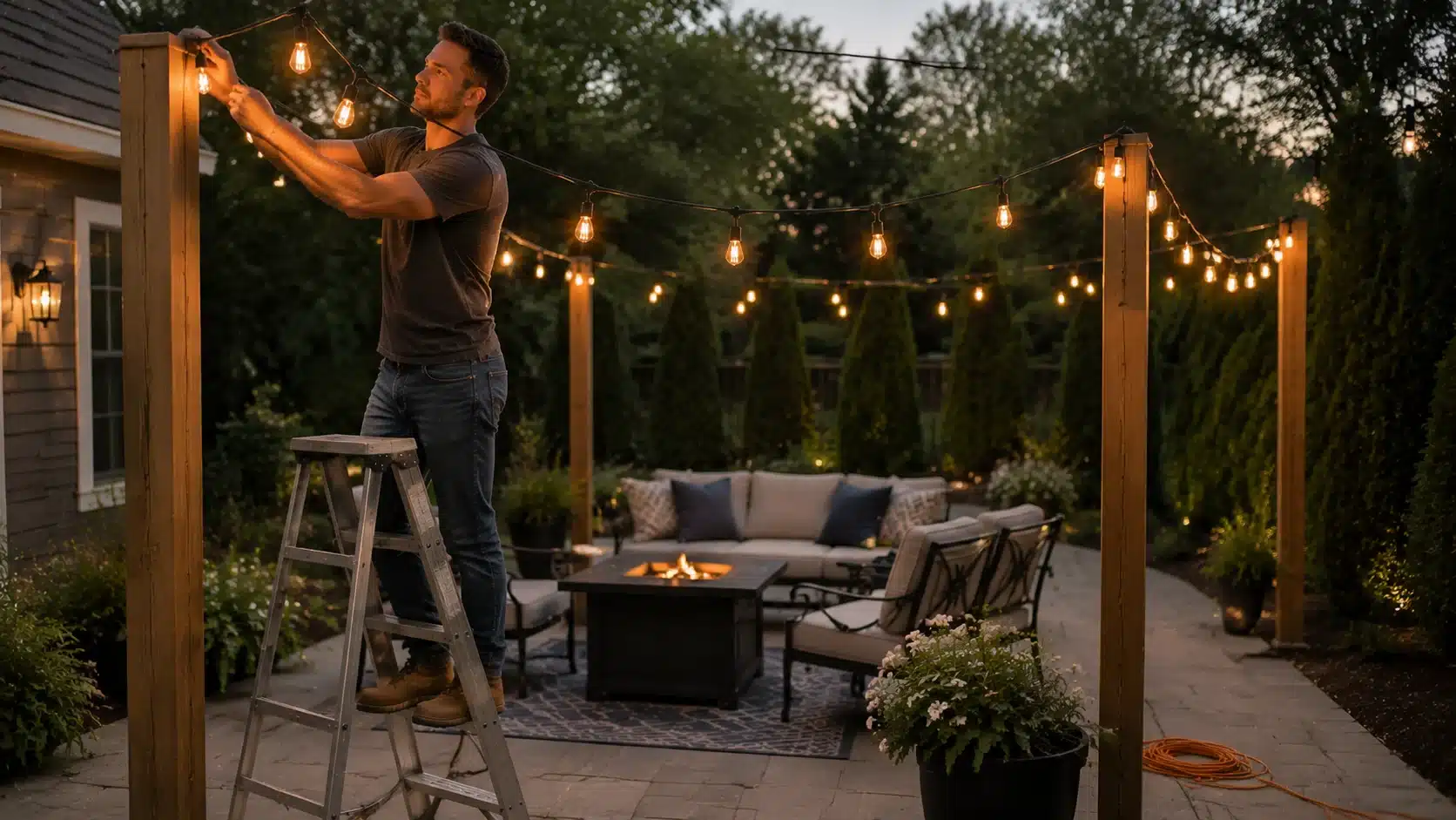 diy home projects shows man hanging outdoor string lights on pergola over patio, using ladder, hooks, with seating
